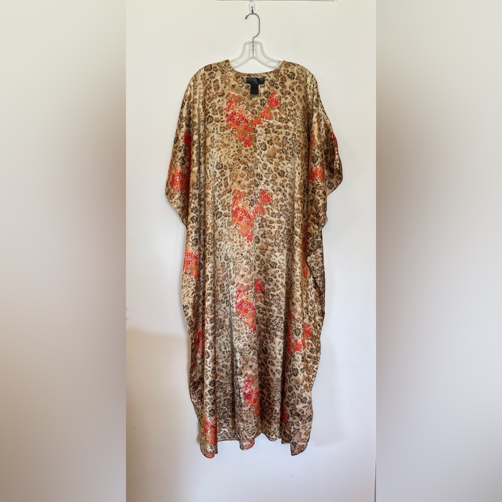 Vintage Leopard Metallic Gold Satin Kaftan Caftan One Size Floral Dress Night